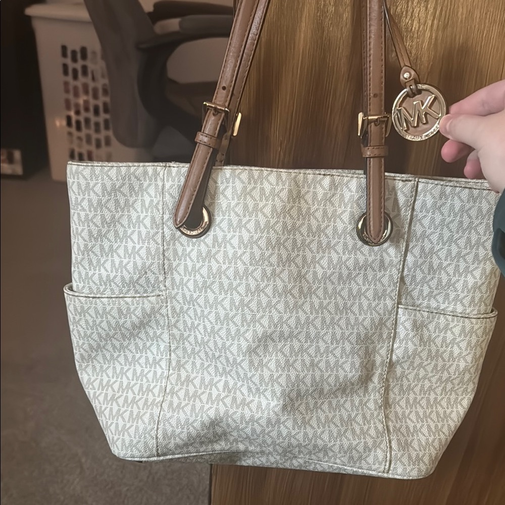 Michael Kors Cream and Tan Monogrammed Tote